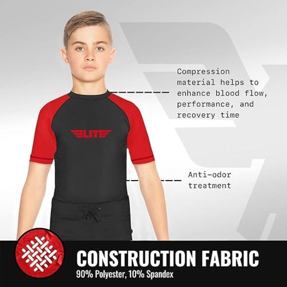 Elite Sports Rash Guards for Boys and Girls, Short Sleeve Compression BJJ Kids a - Picture 2 of 7
